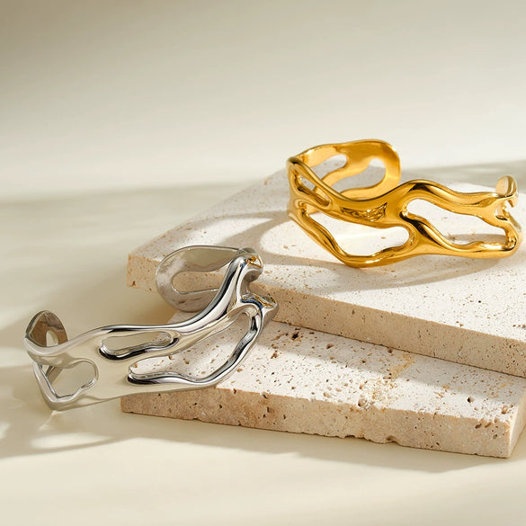 Exaggerated Irregular Geometric Hollow Bracelet In Stainless Steel With 18K Vacuum Gold Plating For Statement Jewelry