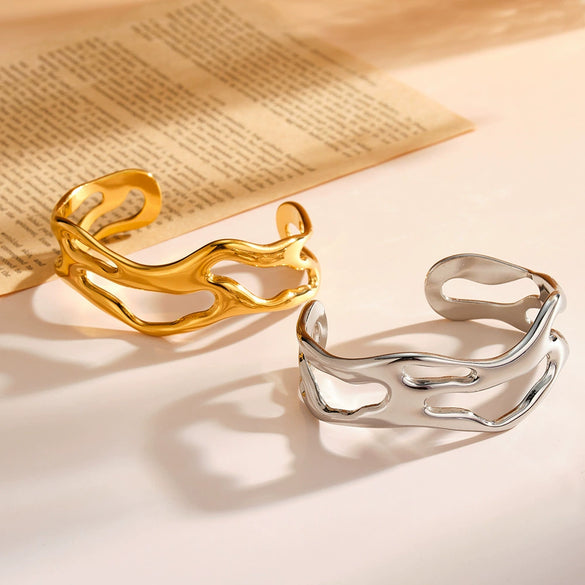 Exaggerated Irregular Geometric Hollow Bracelet In Stainless Steel With 18K Vacuum Gold Plating For Statement Jewelry