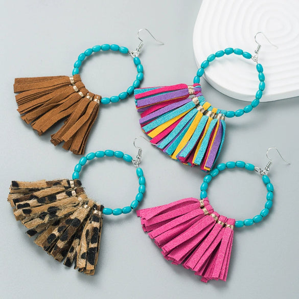 Exaggerated Large Round Handmade Leather Turquoise Geometric Earrings For Women