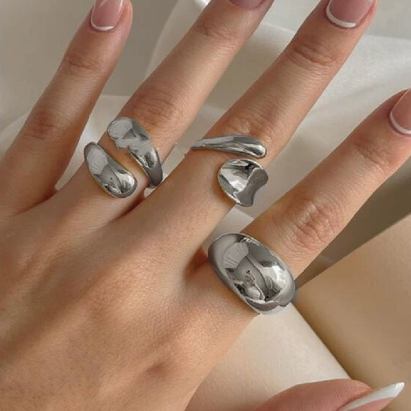 Exaggerated Lines Irregular Water Drop Glossy Alloy Ring Set For Women With Geometric Design And Electroplating