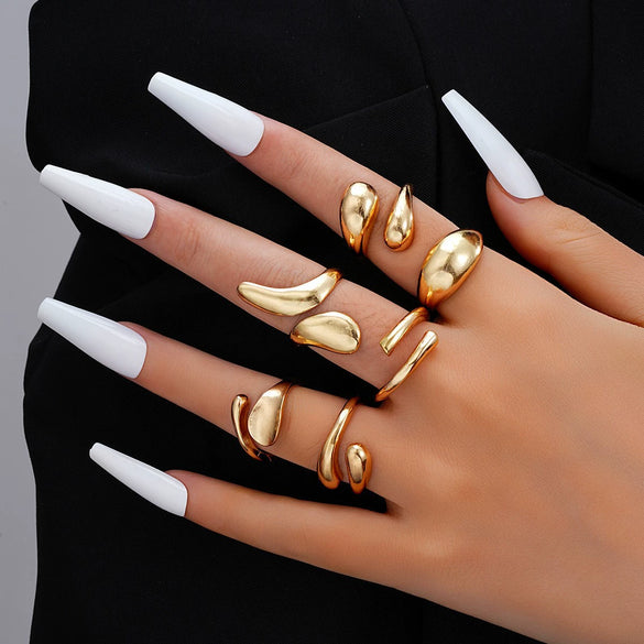 Exaggerated Lines Irregular Water Drop Glossy Alloy Ring Set For Women With Geometric Design And Electroplating