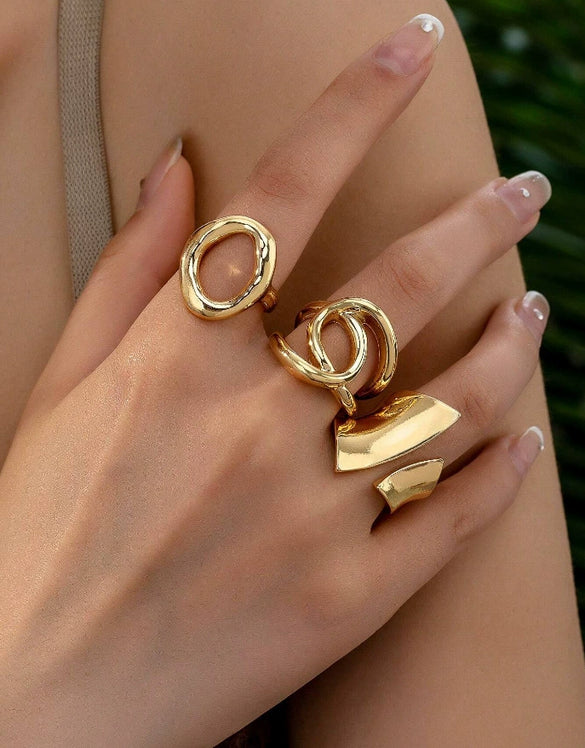 Exaggerated Lines Irregular Water Drop Glossy Alloy Ring Set For Women With Geometric Design And Electroplating