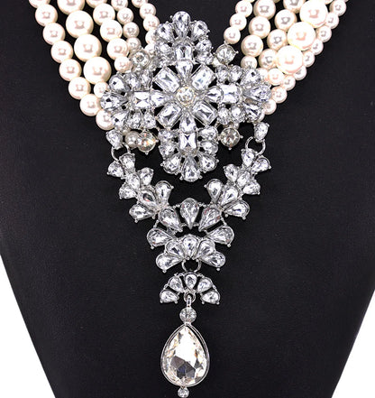 Exaggerated Luxurious Geometric Artificial Pearl Alloy Inlay Artificial Crystal Women's Necklace