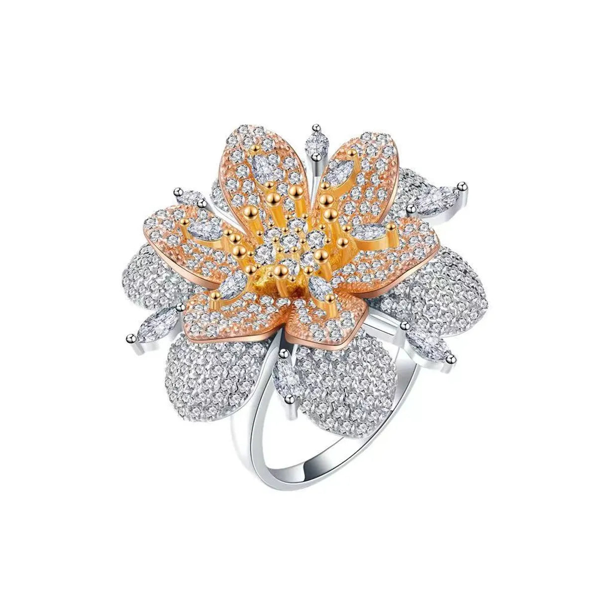 Exaggerated Luxurious Shiny Flower Copper Plating Inlay Zircon 18k Gold Plated Open Rings