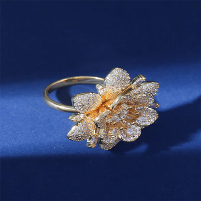 Exaggerated Luxurious Shiny Flower Copper Plating Inlay Zircon 18k Gold Plated Open Rings