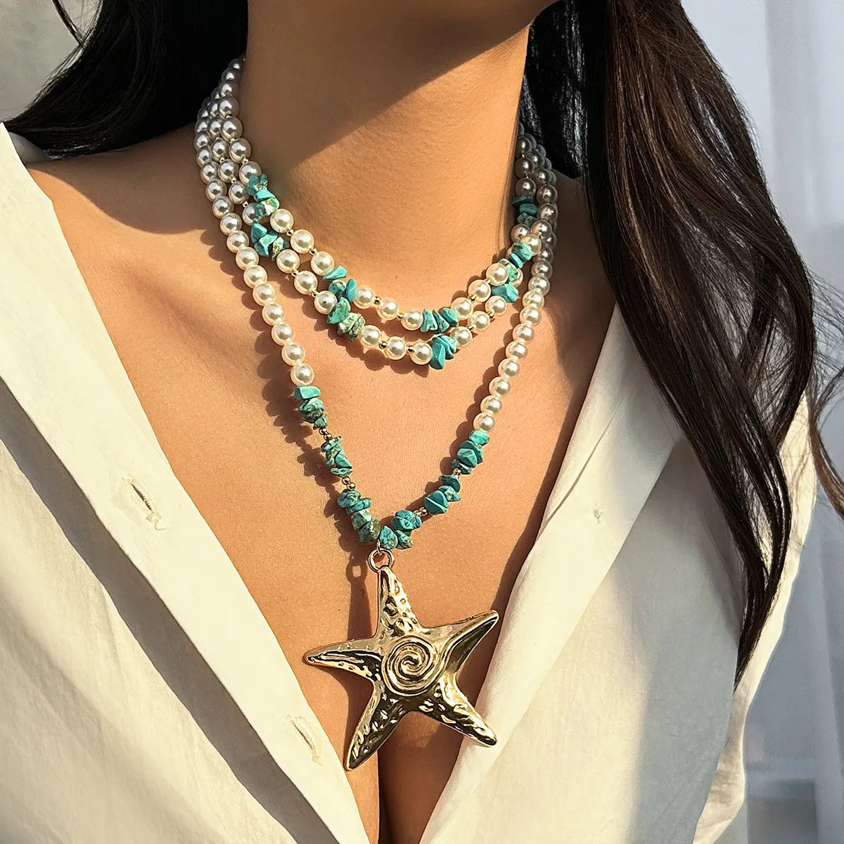 Exaggerated Marine Style Star Imitation Pearl Alloy Beaded Women'S Three Layer Necklace