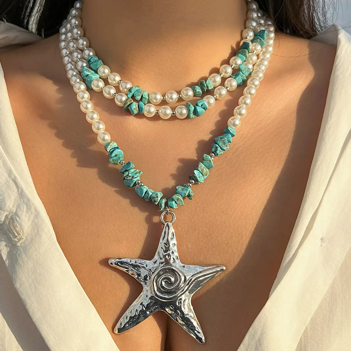 Exaggerated Marine Style Star Imitation Pearl Alloy Beaded Women'S Three Layer Necklace