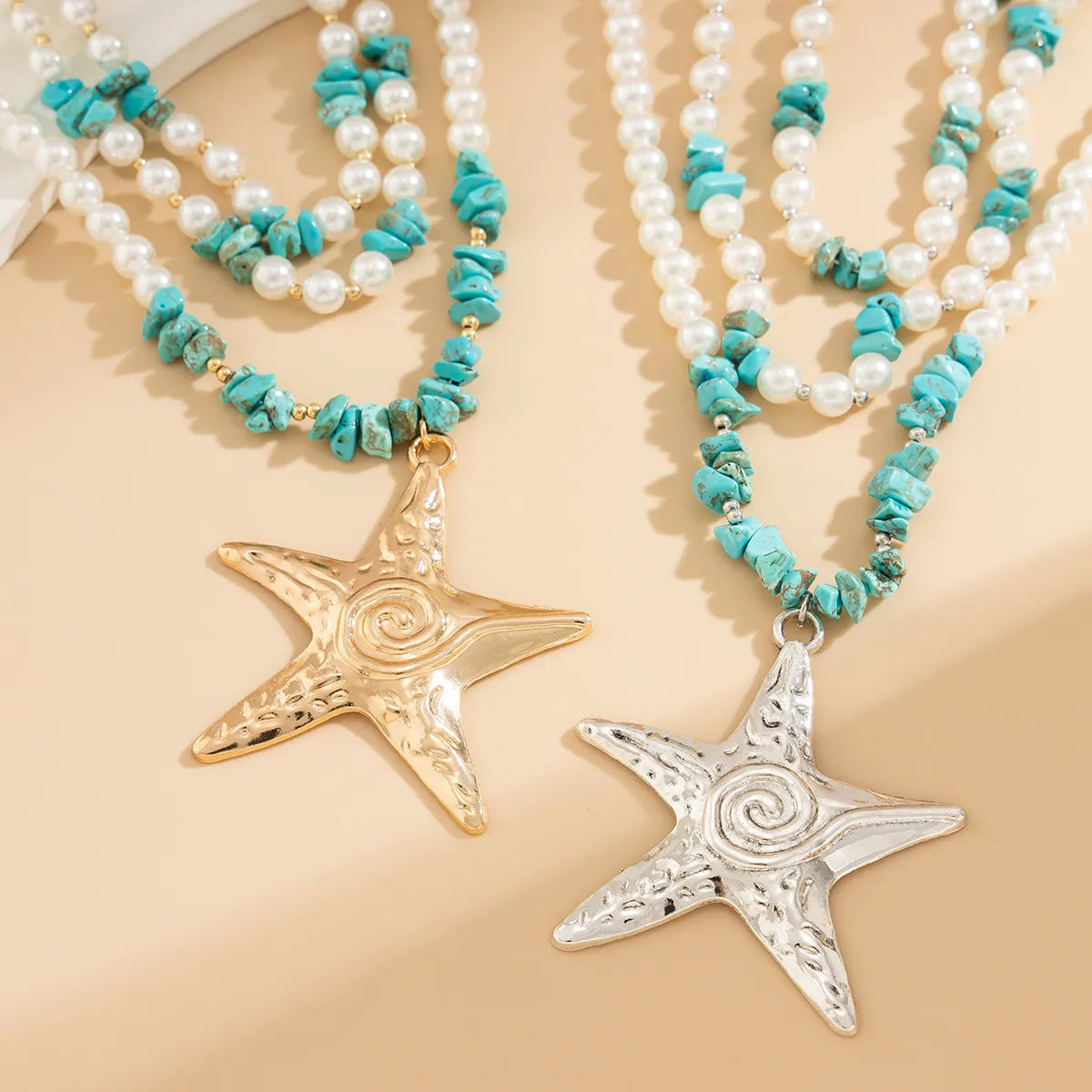 Exaggerated Marine Style Star Imitation Pearl Alloy Beaded Women'S Three Layer Necklace