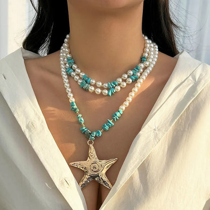 Exaggerated Marine Style Star Imitation Pearl Alloy Beaded Women'S Three Layer Necklace