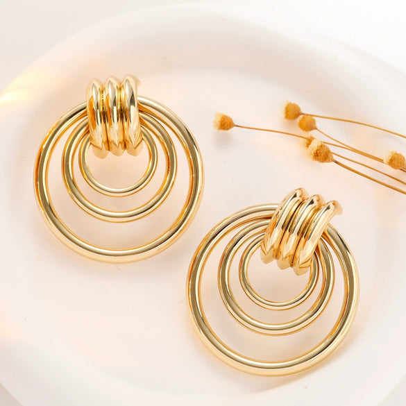 Exaggerated Metal Threering Circle Hollow Geometric Earrings With Electroplating Treatment