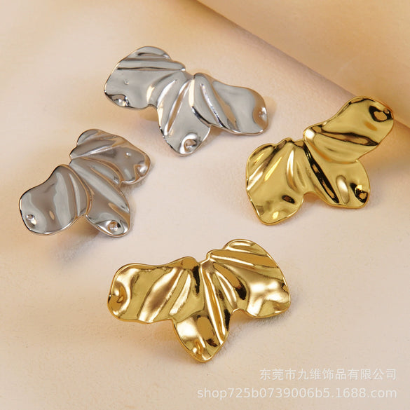 Exaggerated Metallic Fashionable Women's Stainless Steel Half Flower Butterfly Wings Shaped Earrings With Bow Tie Pattern Electroplated
