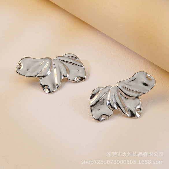 Exaggerated Metallic Fashionable Women's Stainless Steel Half Flower Butterfly Wings Shaped Earrings With Bow Tie Pattern Electroplated