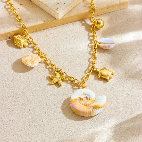 Exaggerated Ocean Wind Multielement Conch Shell Starfish Turtle Stainless Steel Pendant Jewelry For Women With Animal Zodiac Pattern And Electroplating