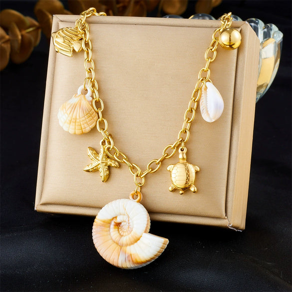 Exaggerated Ocean Wind Multielement Conch Shell Starfish Turtle Stainless Steel Pendant Jewelry For Women With Animal Zodiac Pattern And Electroplating