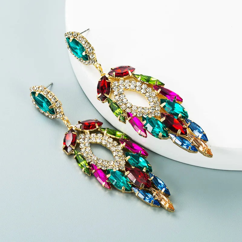 Exaggerated Personality Multi-Layer Alloy Inlaid Color Rhinestone Pendant Earrings