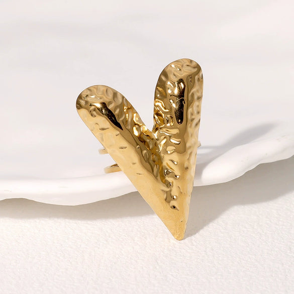 Exaggerated Personality Retro Loveshaped French Goldplated Stainless Steel Ring For Women