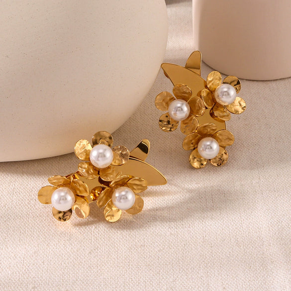 Exaggerated Personality Trend Joker Flower Pearl Design Stainless Steel Earrings For Women With Furnace Vacuum Plating 18K Geometric Pattern