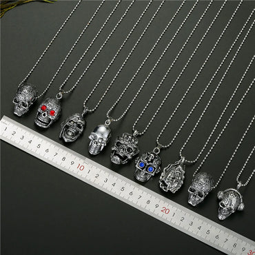 Exaggerated Retro Diamond-Studded Skull Pendant Necklace