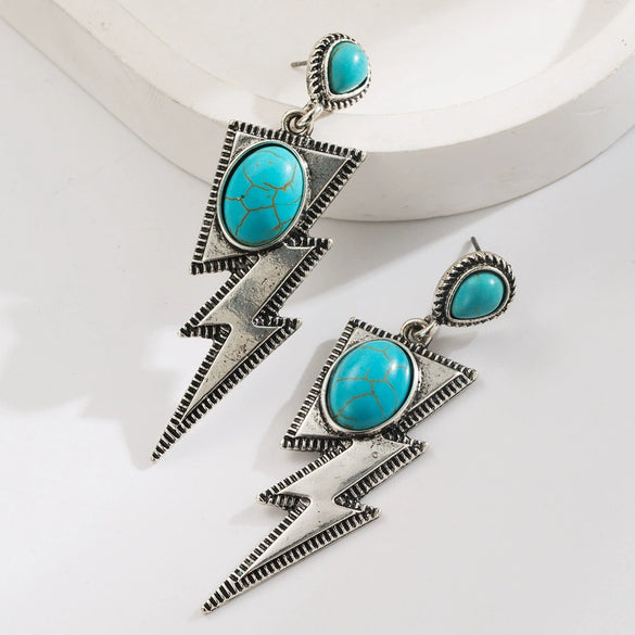 Exaggerated Retro Fashion Geometric Star Lightning Shape Turquoise Inlaid Alloy Earrings