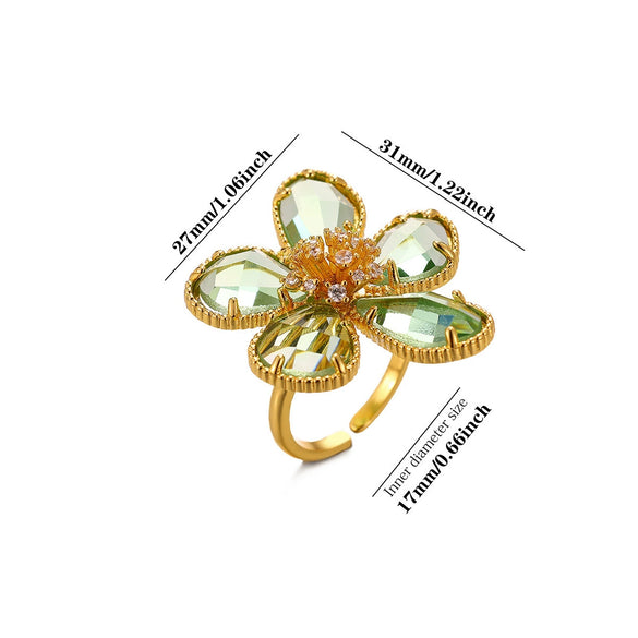 Exaggerated Retro Flower Open Ring With Transparent Zircon Crystal Threedimensional Multifaceted Floral Design And Goldplated Copper Finish