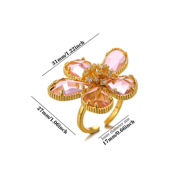 Exaggerated Retro Flower Open Ring With Transparent Zircon Crystal Threedimensional Multifaceted Floral Design And Goldplated Copper Finish