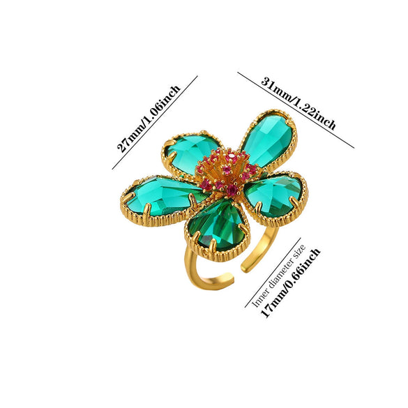 Exaggerated Retro Flower Open Ring With Transparent Zircon Crystal Threedimensional Multifaceted Floral Design And Goldplated Copper Finish