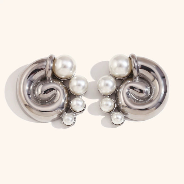 Exaggerated Retro Geometric Goldtone Electroplated Stainless Steel Swirl Pearl Stud Earrings For Women