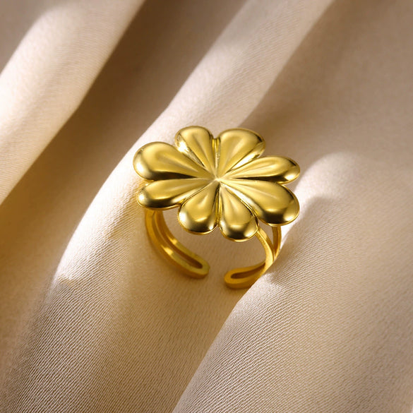Exaggerated Round Flower Stainless Steel Ring With Electroplating In Ins Style