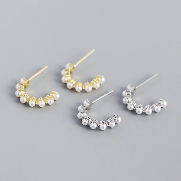 Exaggerated S925 Silver Geometric Cshaped Hoop Pearl Earrings For Women With Electroplating