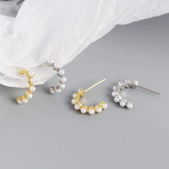 Exaggerated S925 Silver Geometric Cshaped Hoop Pearl Earrings For Women With Electroplating