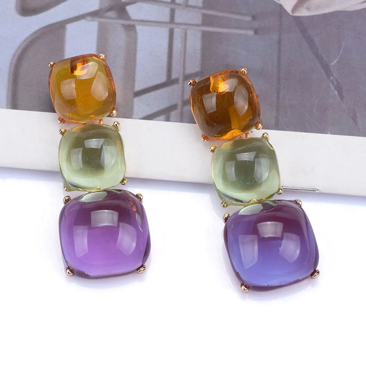 Exaggerated Square Metal Inlay Resin Women'S Drop Earrings