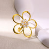 Exaggerated Stainless Steel And Imitation Pearl Geometric Open Ring With Flower Design Electroplated