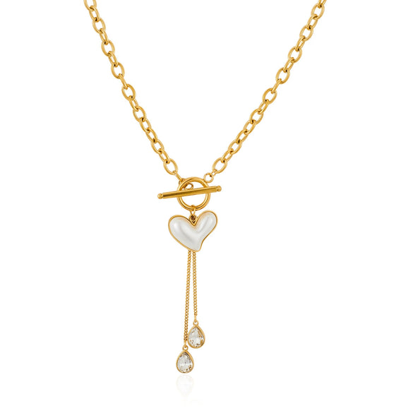 Exaggerated Stainless Steel Crooked Heart Pearl Necklace And Bracelet Set With Titanium Steel Chain And Electroplating Treatment