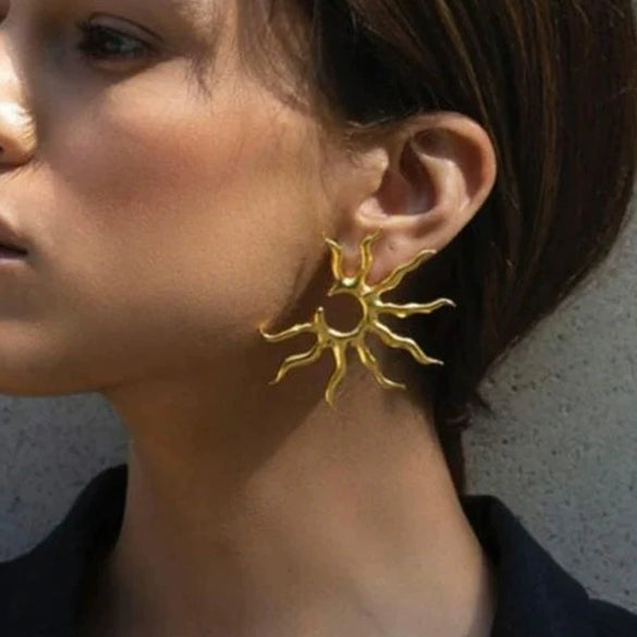 Exaggerated Stainless Steel Geometric Sunflower Earrings With Electroplating Treatment