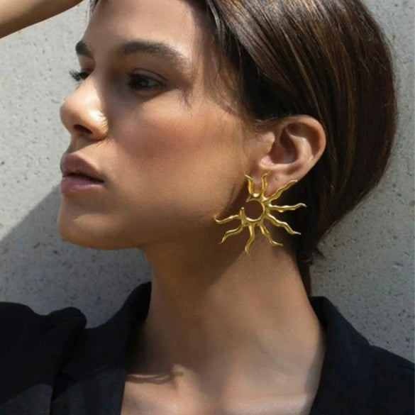 Exaggerated Stainless Steel Geometric Sunflower Earrings With Electroplating Treatment