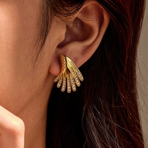 Exaggerated Stainless Steel Irregular Wings Microencrusted Zircon Electroplated Women's Earrings