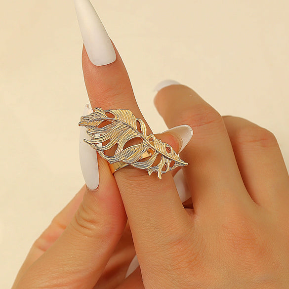 Exaggerated Stylish Geometric Metal Flower Leaf Alloy Ring For Women With Electroplating
