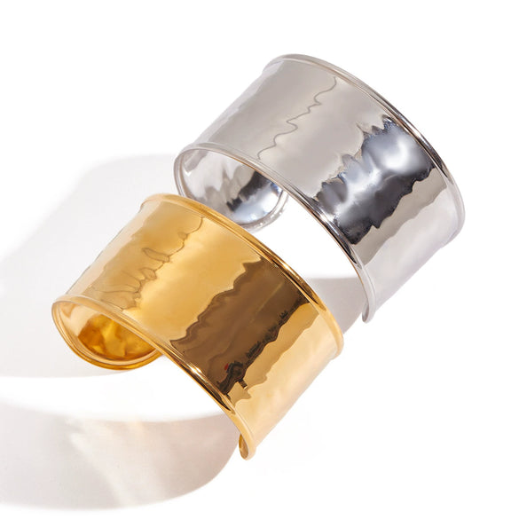 Exaggerated Stylish Stainless Steel Wide Hammer Pattern Open Bracelet Jewelry For Women With Geometric Style And Electroplating