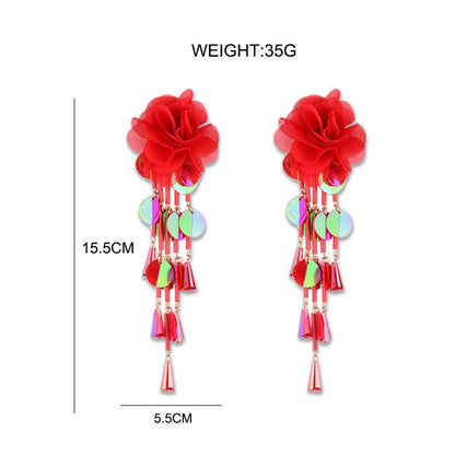 Exaggerated Sweet Flower Cloth Beaded Women's Drop Earrings