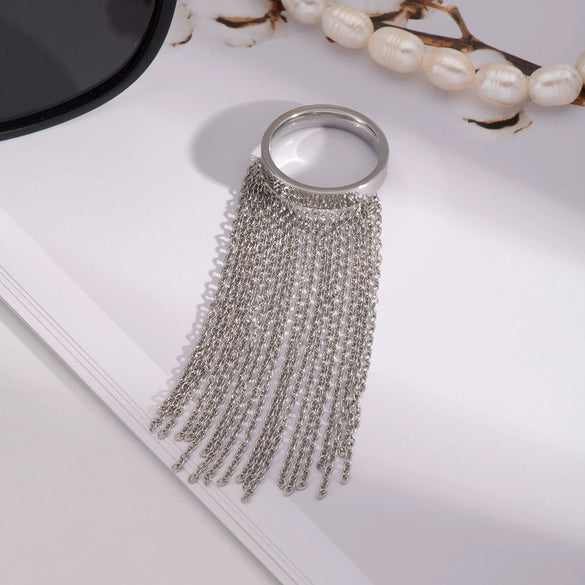 Exaggerated Tassel And Simple Chain Ring In Stainless Steel With Geometric Pattern Electric Polishing Fashion Ol Style For Women