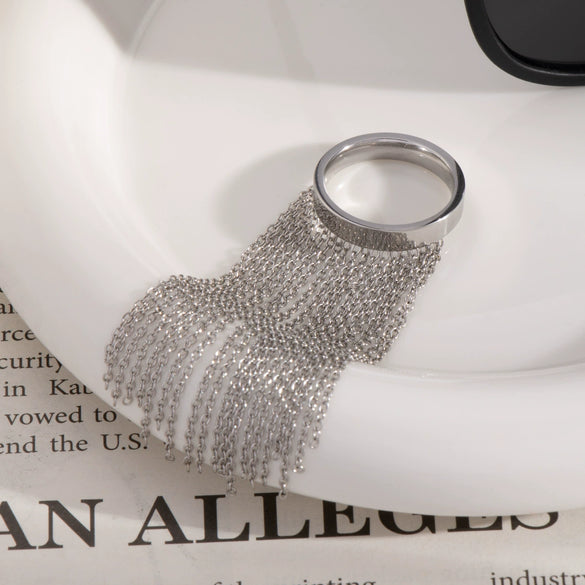 Exaggerated Tassel And Simple Chain Ring In Stainless Steel With Geometric Pattern Electric Polishing Fashion Ol Style For Women