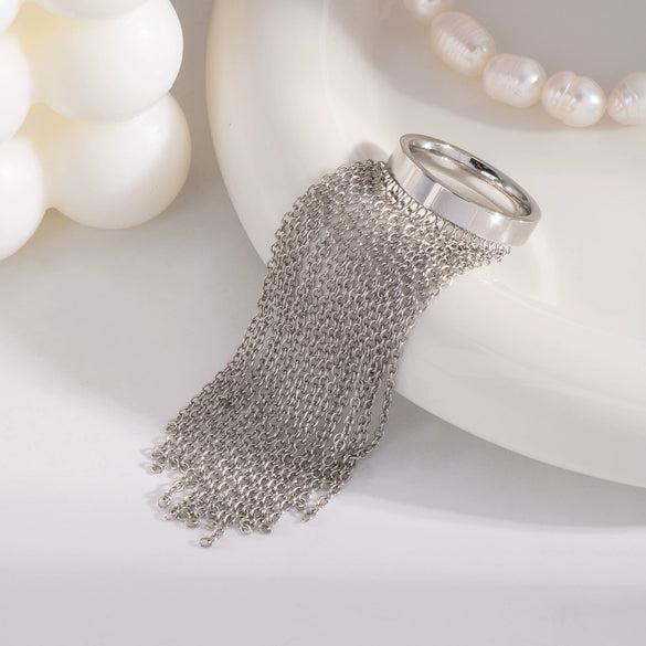 Exaggerated Tassel And Simple Chain Ring In Stainless Steel With Geometric Pattern Electric Polishing Fashion Ol Style For Women