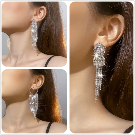 1 Pair Exaggerated Tassel Heart Shape Inlay Rhinestone Rhinestones Drop Earrings