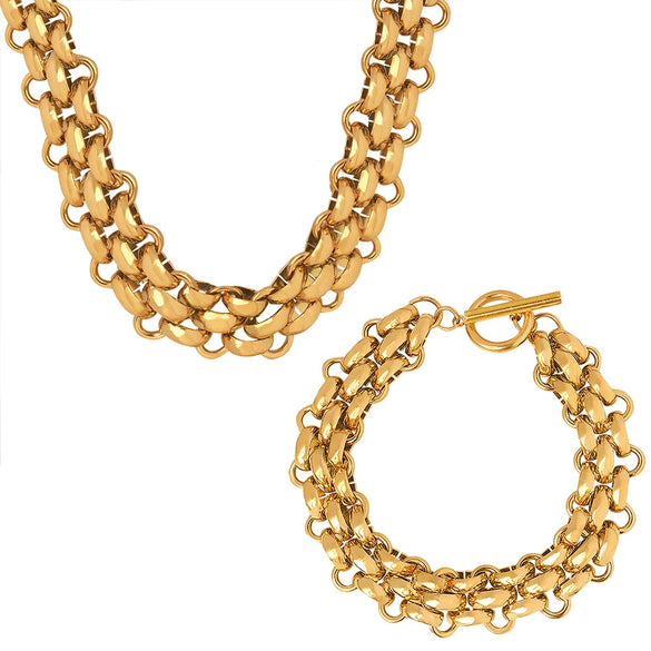 Exaggerated Trendy Cool Elegant Women's Jewelry Set With Buckle Design Thick Chain Titanium Steel Gold Plated Necklace And Bracelet
