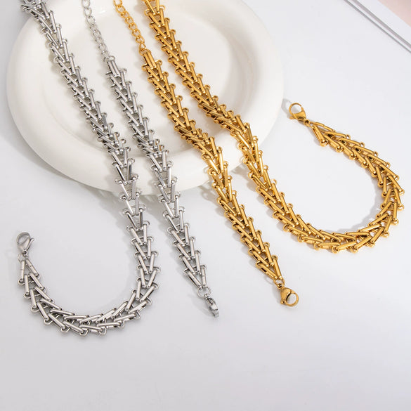 Exaggerated Triangle Chain Necklace And Bracelet Suit In Stainless Steel With Geometric Pattern And Pvd Furnace Vacuum Real Gold Plating For Women Hip Hop Fashion Jewelry Wholesale