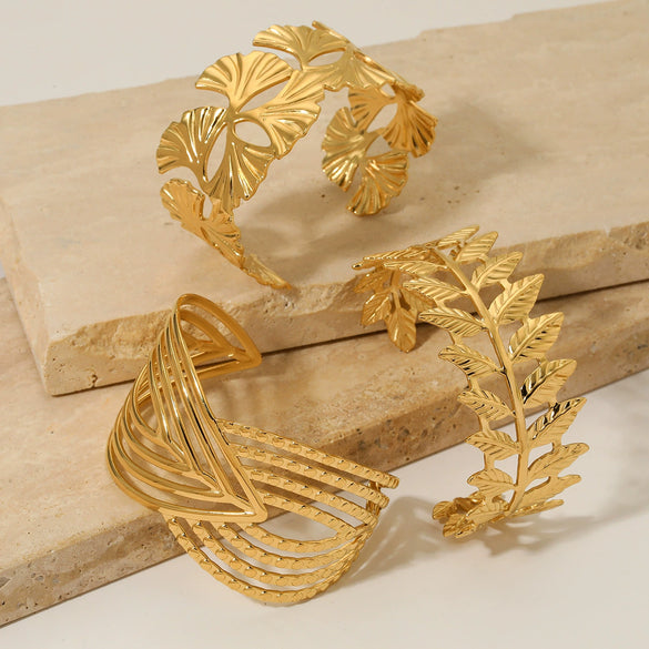 Exaggerated Widesided Hollow Ginkgo Leaf Stainless Steel Bracelet For Women With Electroplating