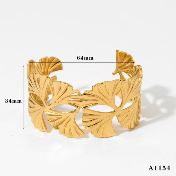Exaggerated Widesided Hollow Ginkgo Leaf Stainless Steel Bracelet For Women With Electroplating