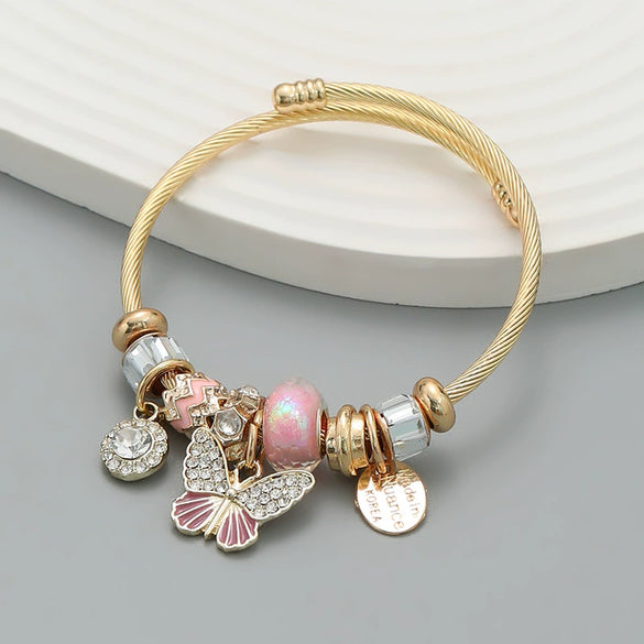 Exaggerated Women's Alloy Bracelets With Butterfly Pendants And Geometric Diamond Design