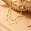 Exotic Style Stainless Steel And Organic Glass Double Five Pointed Star Drop Clavicle Chain With Rectangular Turquoise Eyes Electroplated