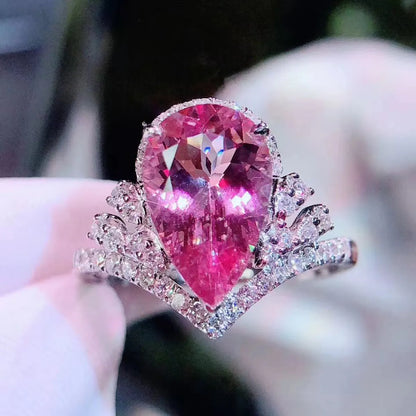 Explosion Luxury Crown High Carbon Diamond Drop-shaped Simulation Pink Tourmaline Color Treasure Open Ring Engagement Diamond Ring